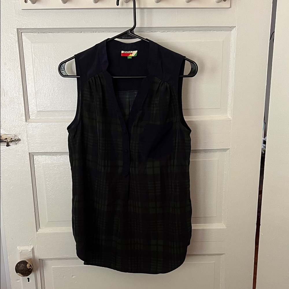 Navy and Green Plaid Sleeveless Button Down Shirt